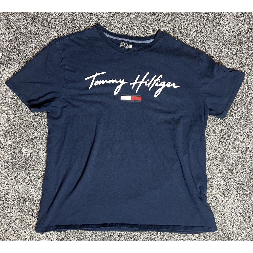 Tommy Hilfiger 1990s Vintage Jeans T-Shirt Blue Signature Size XL Men’s